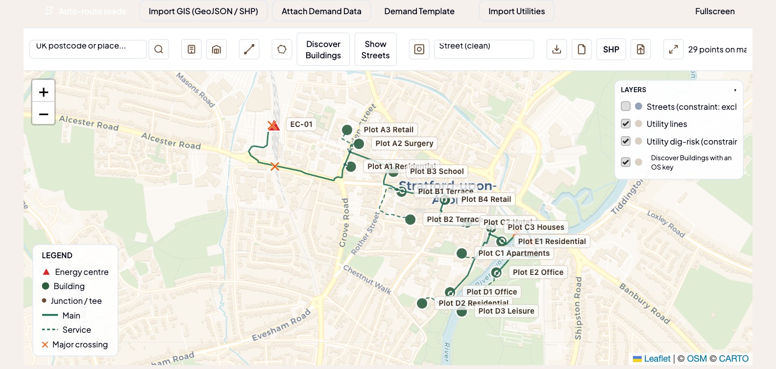 GIS tab showing the Stratford heat network routed along real streets on an Ordnance Survey basemap, with the energy centre, buildings, junctions and a map legend
