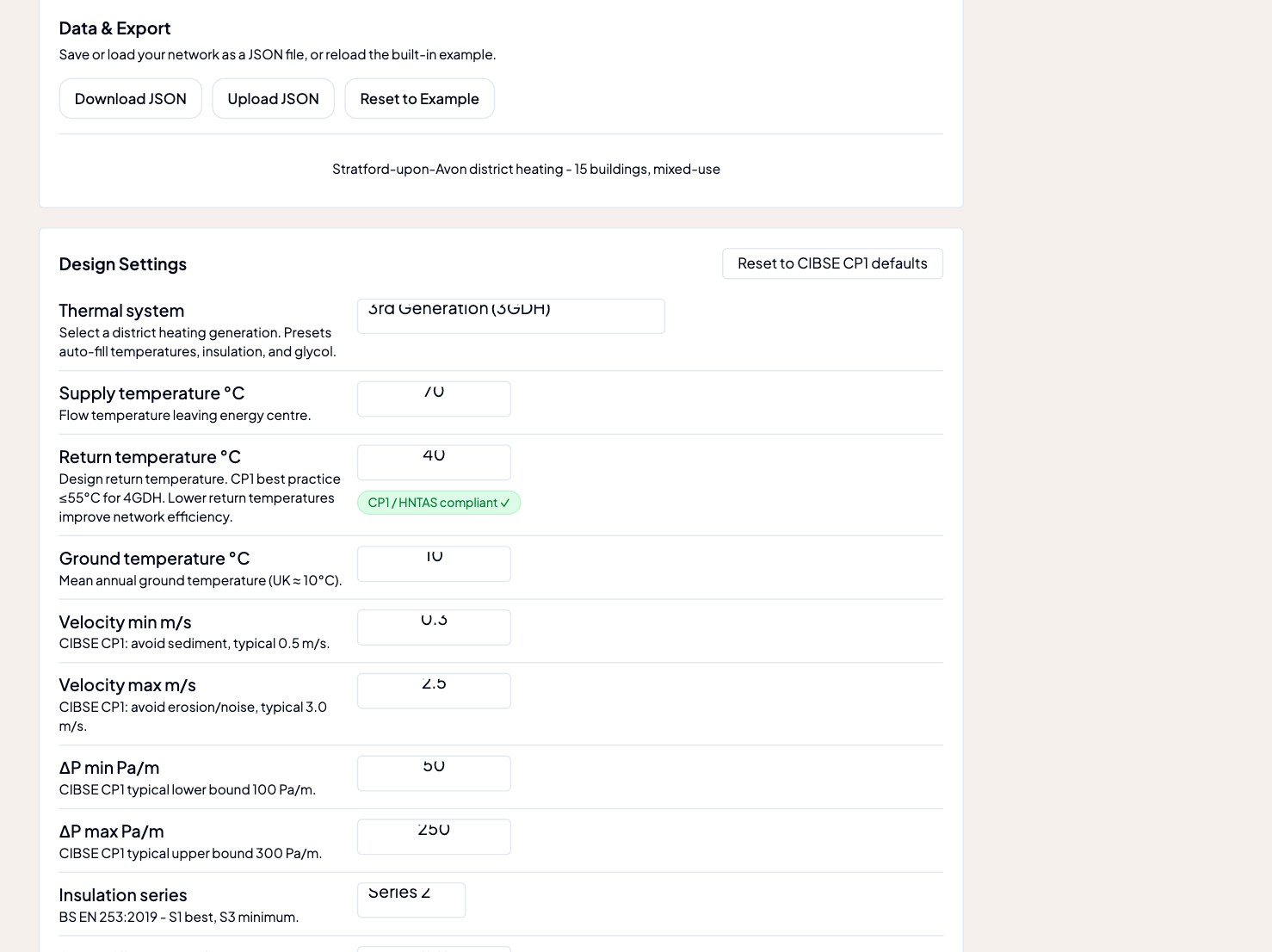 Settings tab with thermal system presets and CIBSE CP1 default design parameters